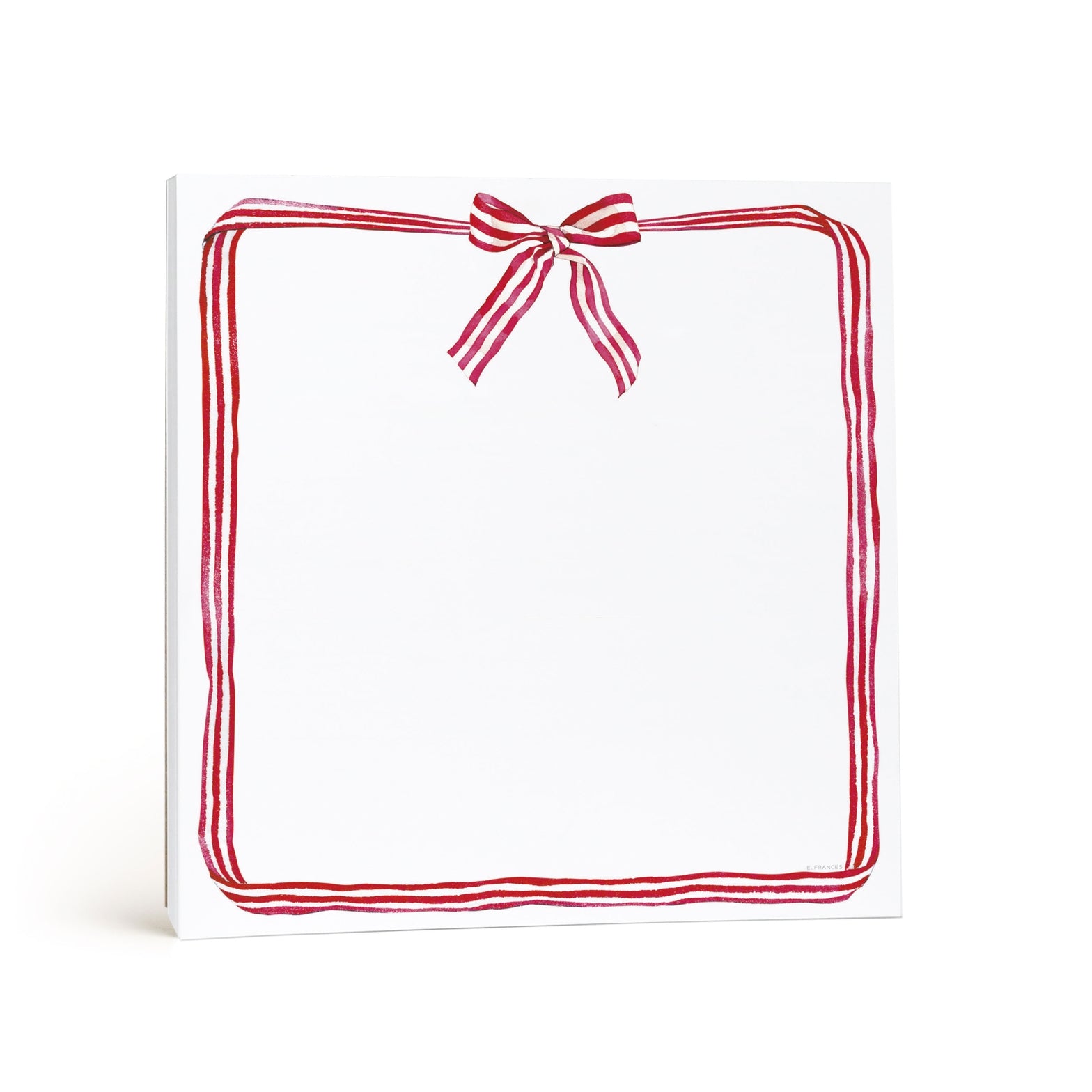 Square, white notepad with a candy stripe bow and ribbon design around the border, on a white background.
