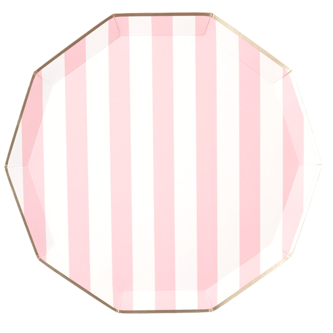 Octagonal paper plate with pink and white vertical stripes on a white background.