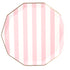 Octagonal paper plate with pink and white vertical stripes on a white background.