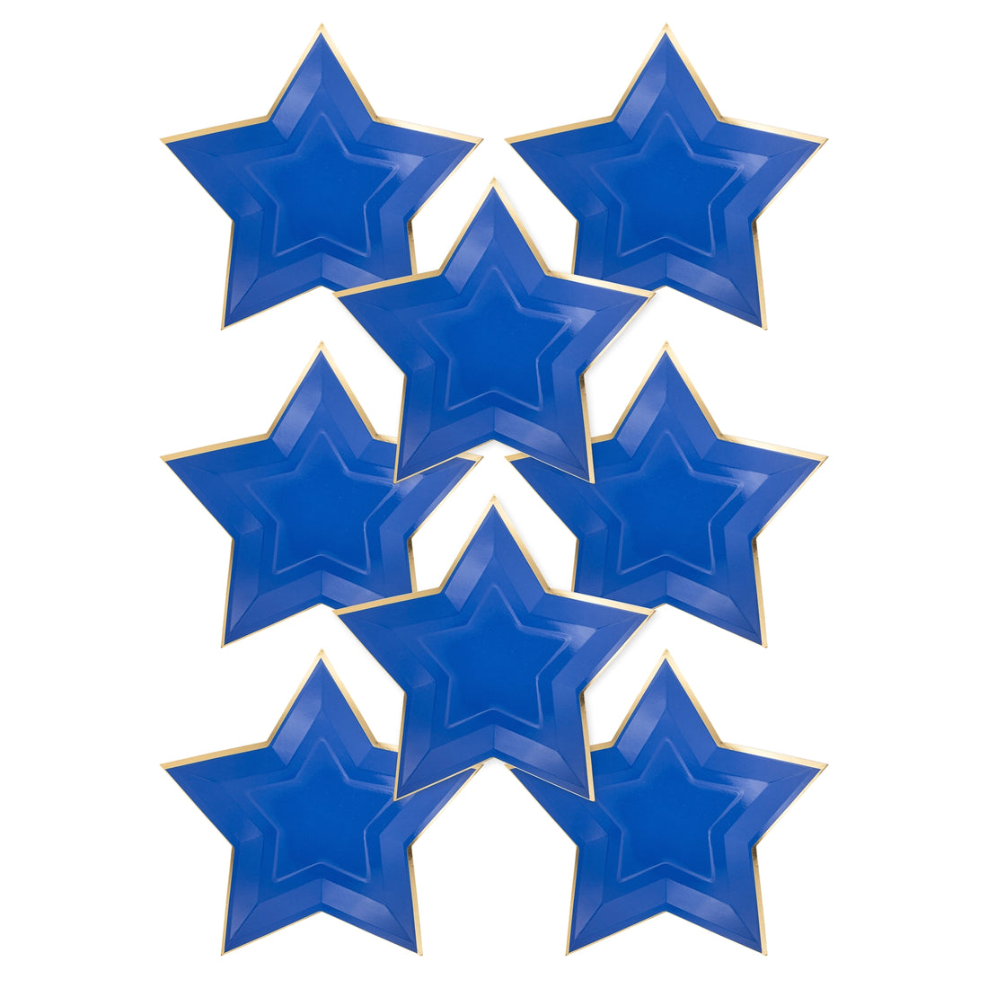 Blue star shaped paper plates with gold foil rim on a white background.