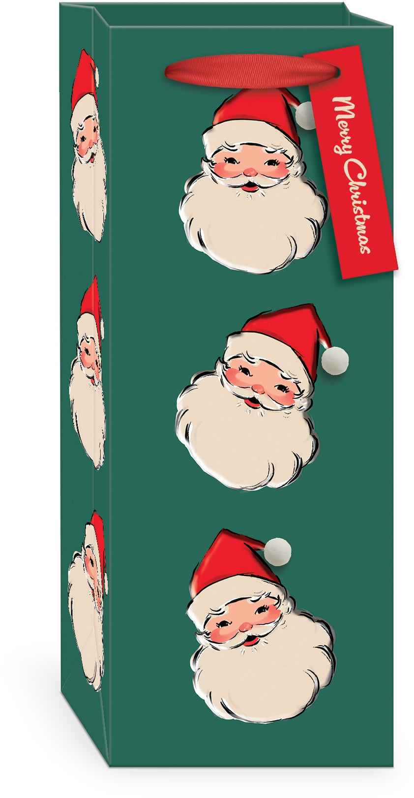 Gift bag with vintage Santa Claus design on a green background.