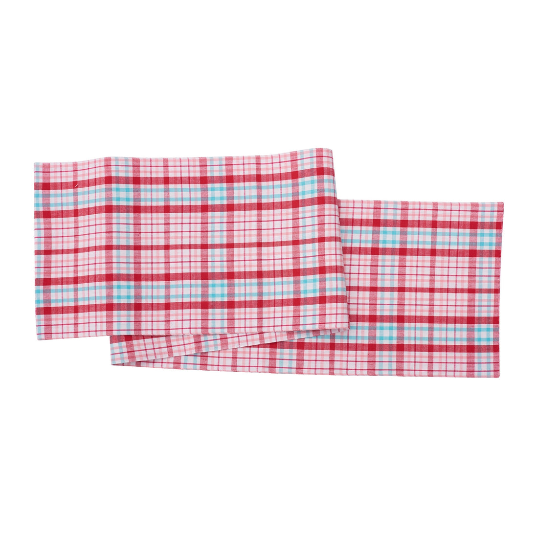 Two folded red and blue plaid table runners isolated on a white background, known as the C and F Home Red &amp; Pink Plaid Table Runner, perfect for a housewarming gift.