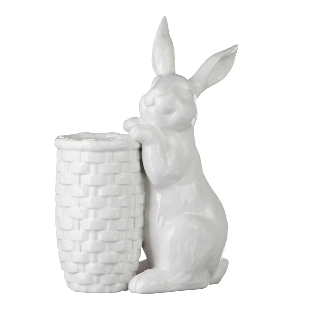 Rabbit Bud Vase featuring a white ceramic bunny perched on a woven basket, against a white background.