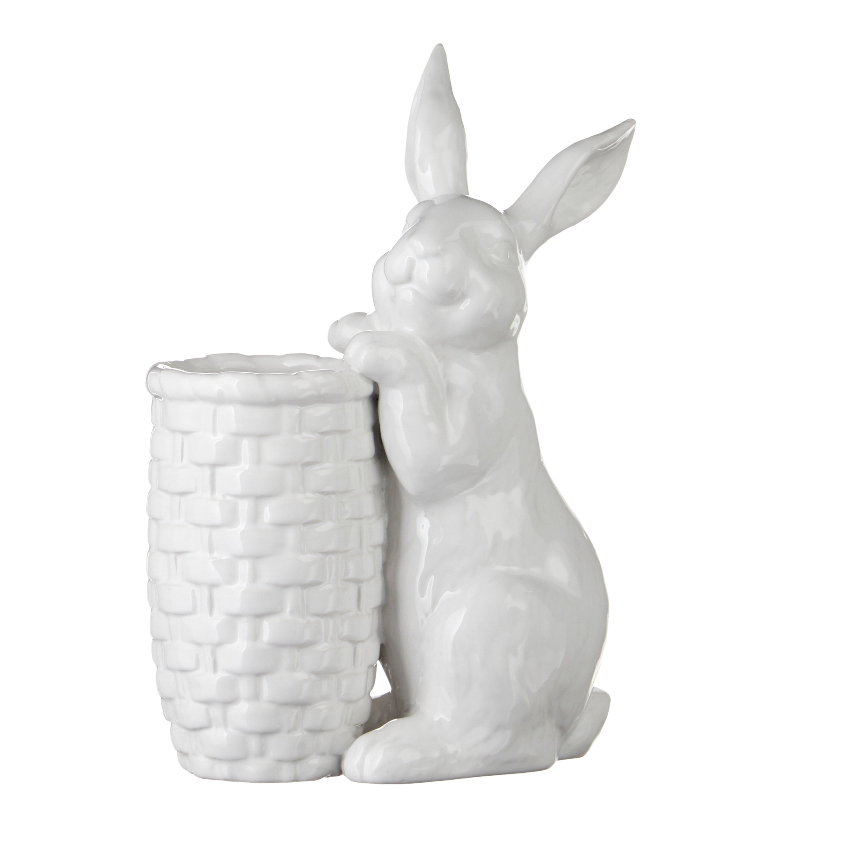 Rabbit Bud Vase featuring a white ceramic bunny perched on a woven basket, against a white background.
