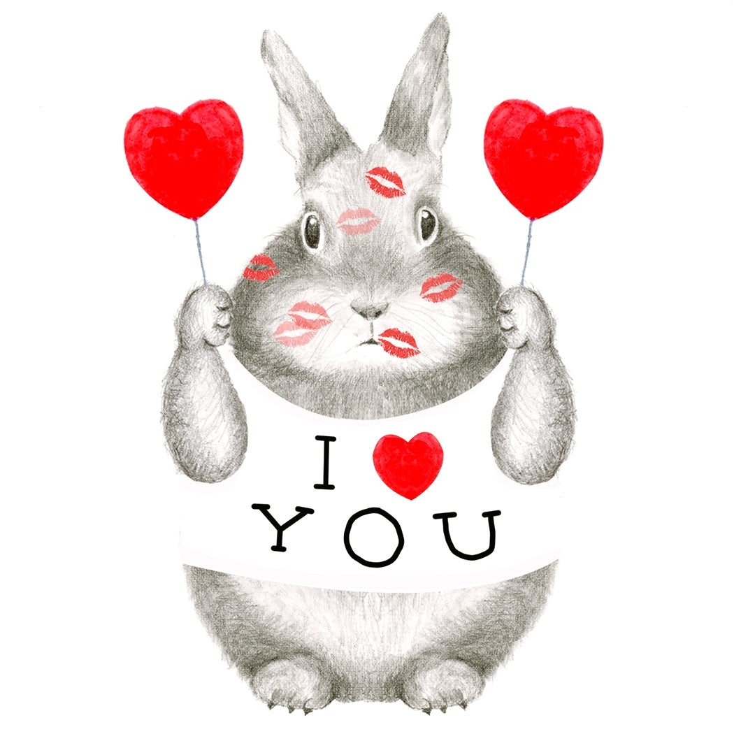 Illustration of a rabbit holding heart balloons with &