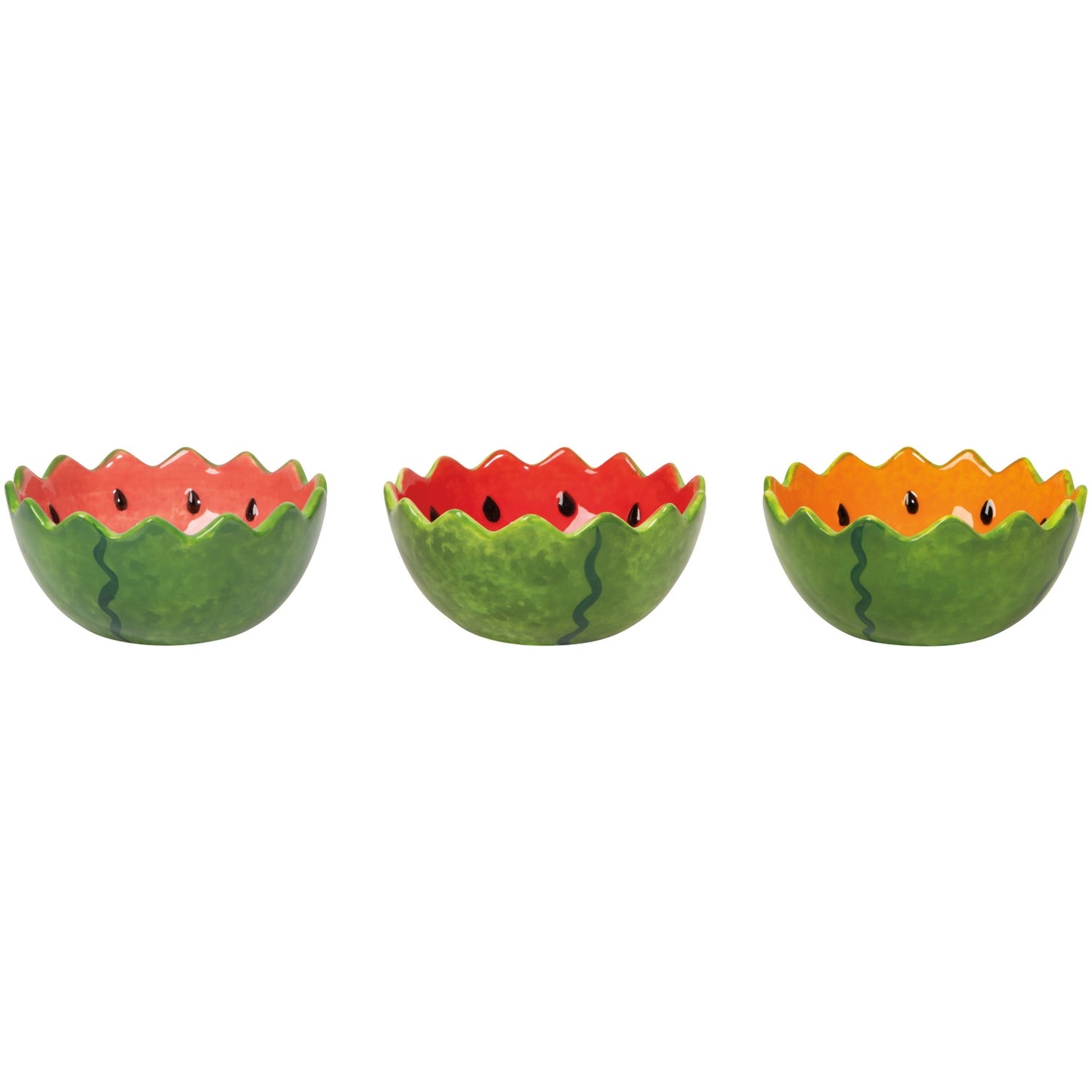 Three ceramic bowls shaped like watermelons on a white background.