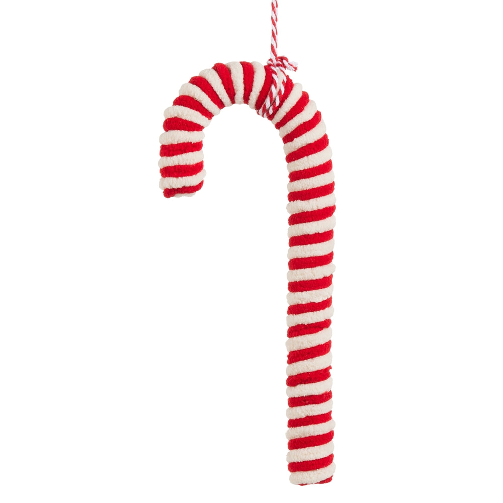Red and white striped candy cane ornament on a white background.