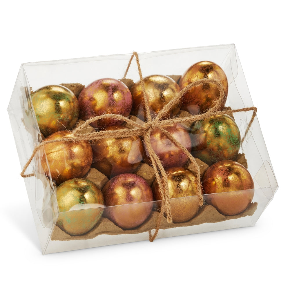 Decorative set of 12 eggs in a carton with a clear lid, tied with brown string.