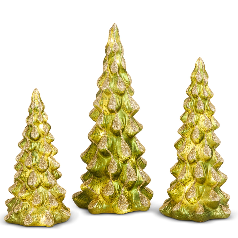 Three green glass Christmas trees with gold glitter on a white background.