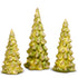 Three green glass Christmas trees with gold glitter on a white background.