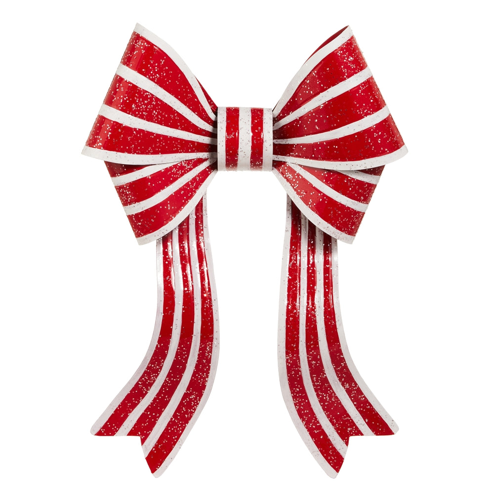 Red and white striped bow with glitter on a white background