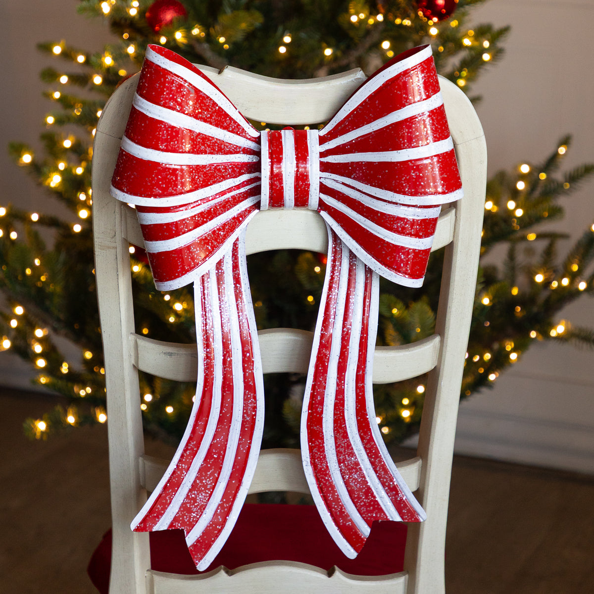 Metal 21" Red and White Stripe Bow