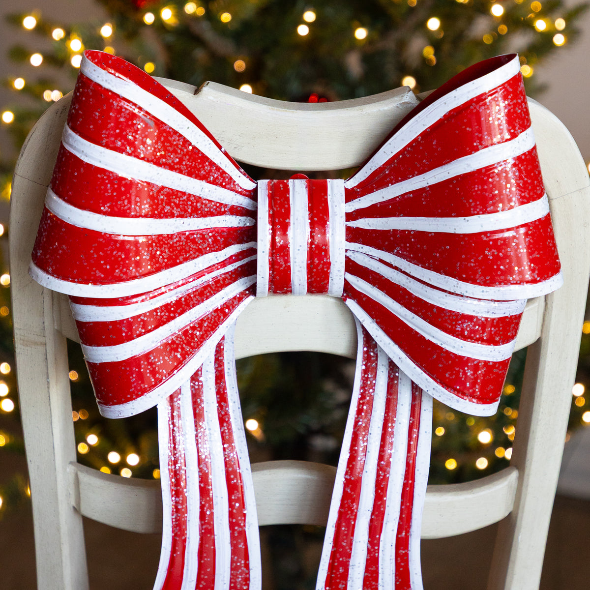 Metal 21" Red and White Stripe Bow