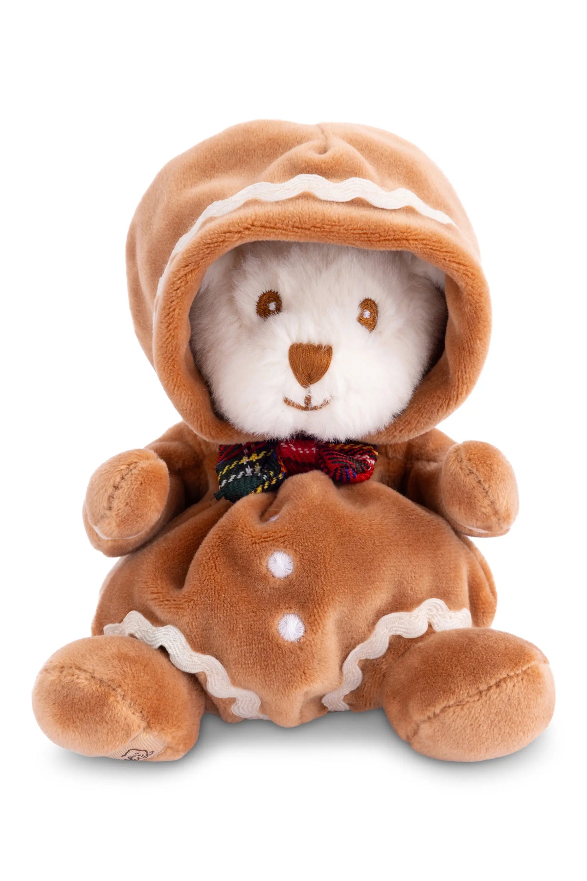 A plushie bear wearing a gingerbread costume with a plaid bowtie on a white background.