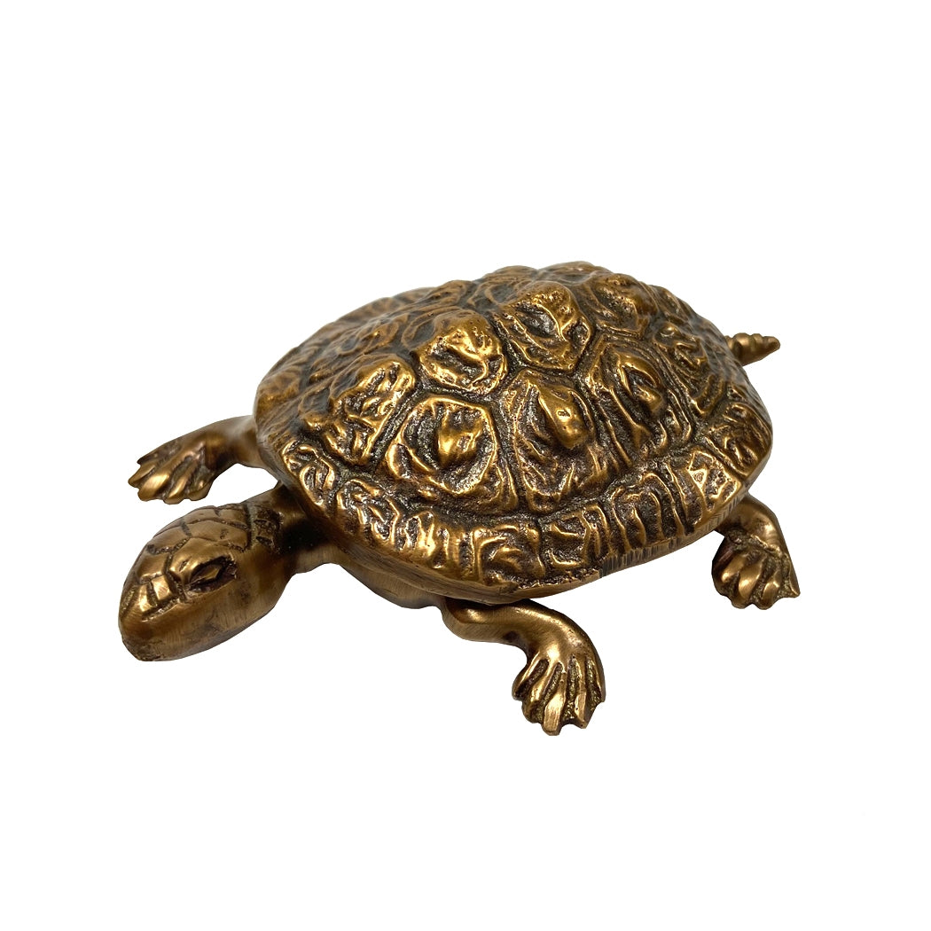 Brass turtle figurine with intricate design on a white background.