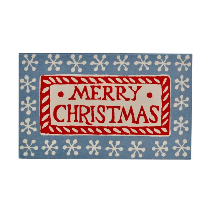 A cream, blue and red card on a white background that reads Merry Christmas.