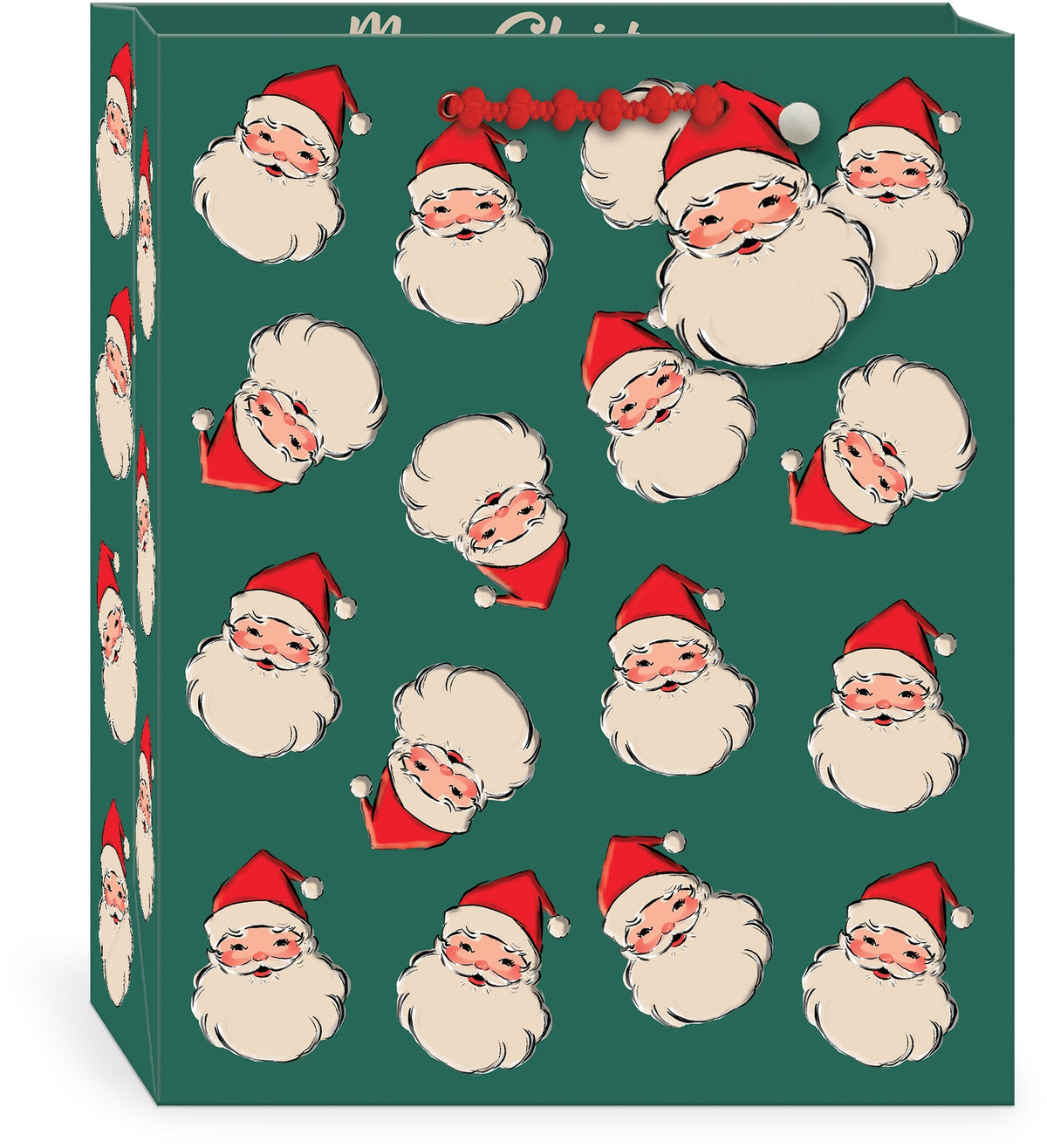 A dark green gift bag with a repeating pattern of retro Santa Claus faces in red and cream, featuring a red &