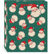 A dark green gift bag with a repeating pattern of retro Santa Claus faces in red and cream, featuring a red &