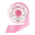 A spool of pink satin ribbon by Hester & Cook on a white background. 