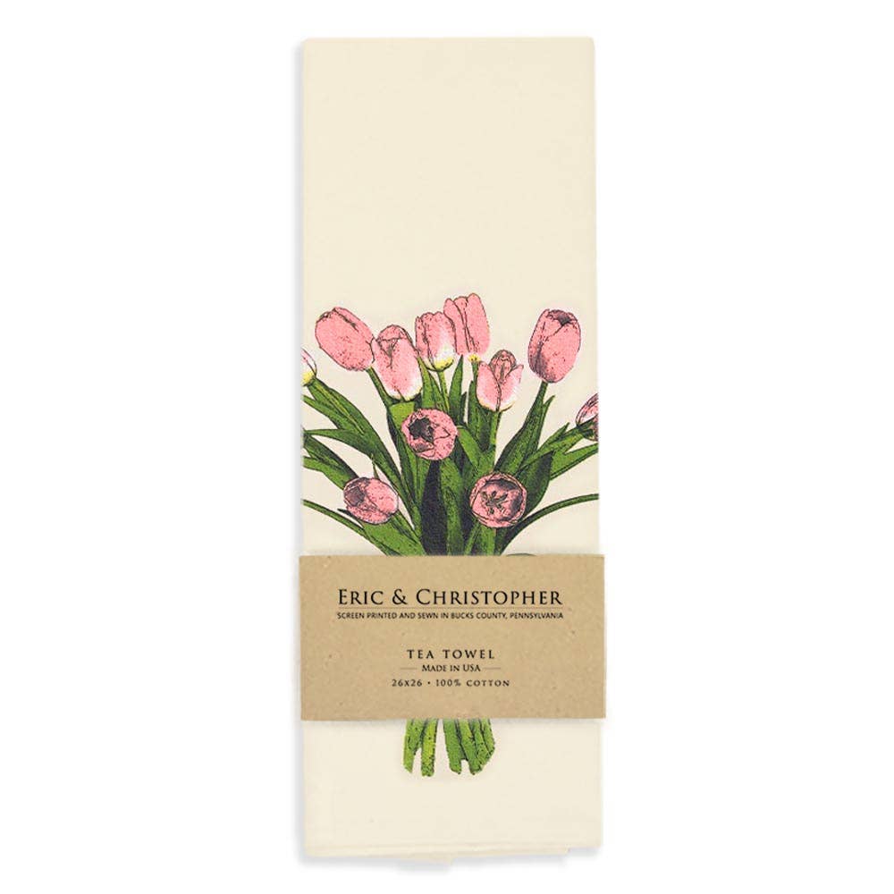Tea towel with pink tulip design and &