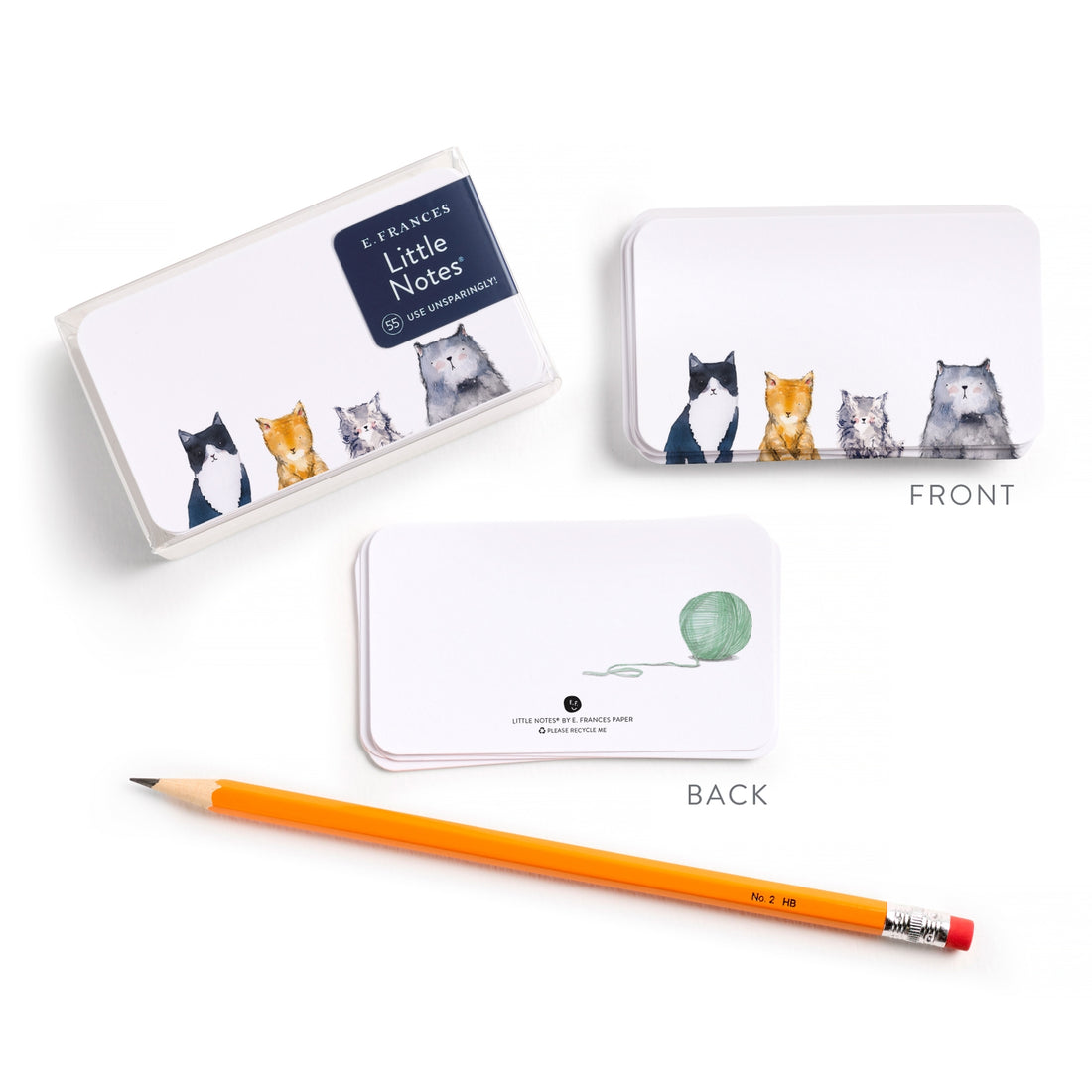 Little Notes with cat illustrations, pencil, and tin packaging on a white background.
