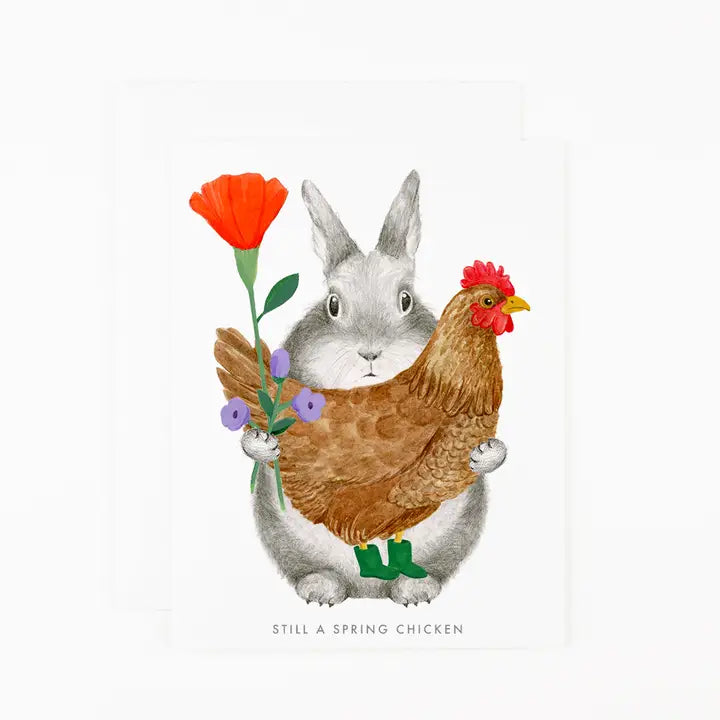 Illustration of a rabbit and chicken holding a flower with text &
