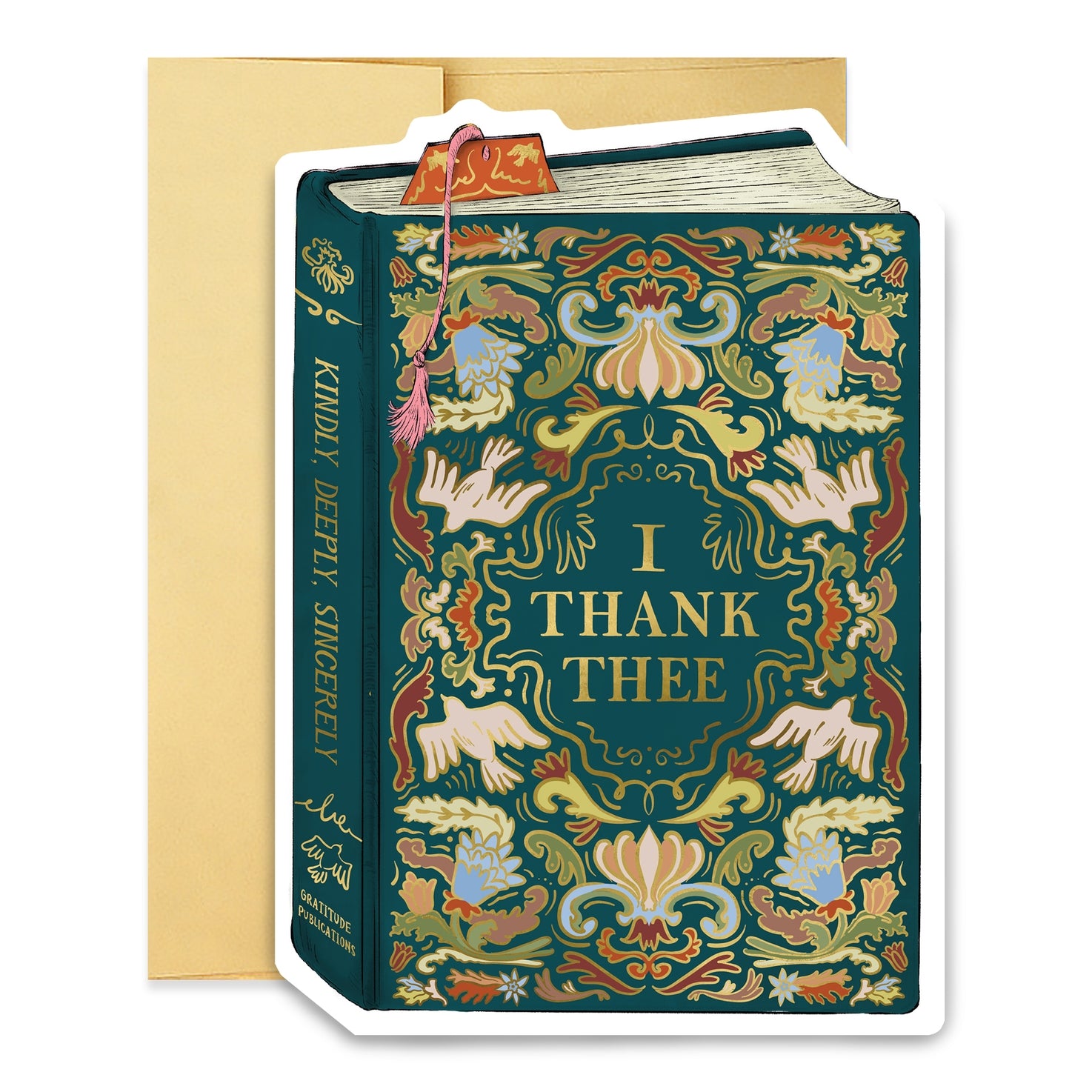 Decorative book-shaped card with ornate design and &