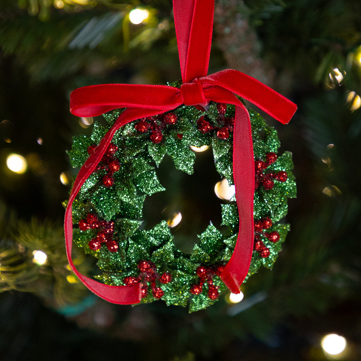 Glitter Poinsettia Wreath with Velvet Ribbon Ornament