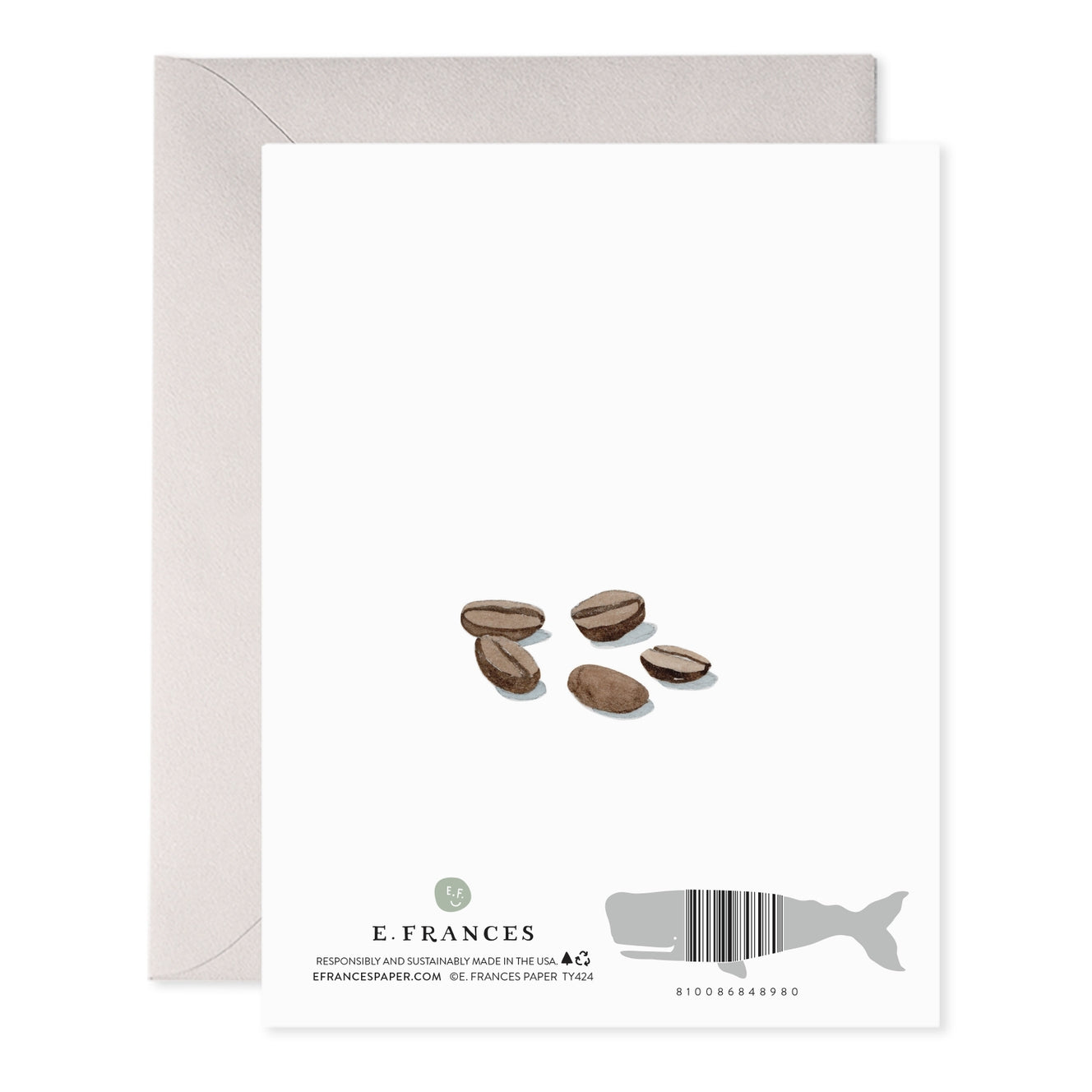 Greeting card with coffee beans illustration and E. Frances branding.