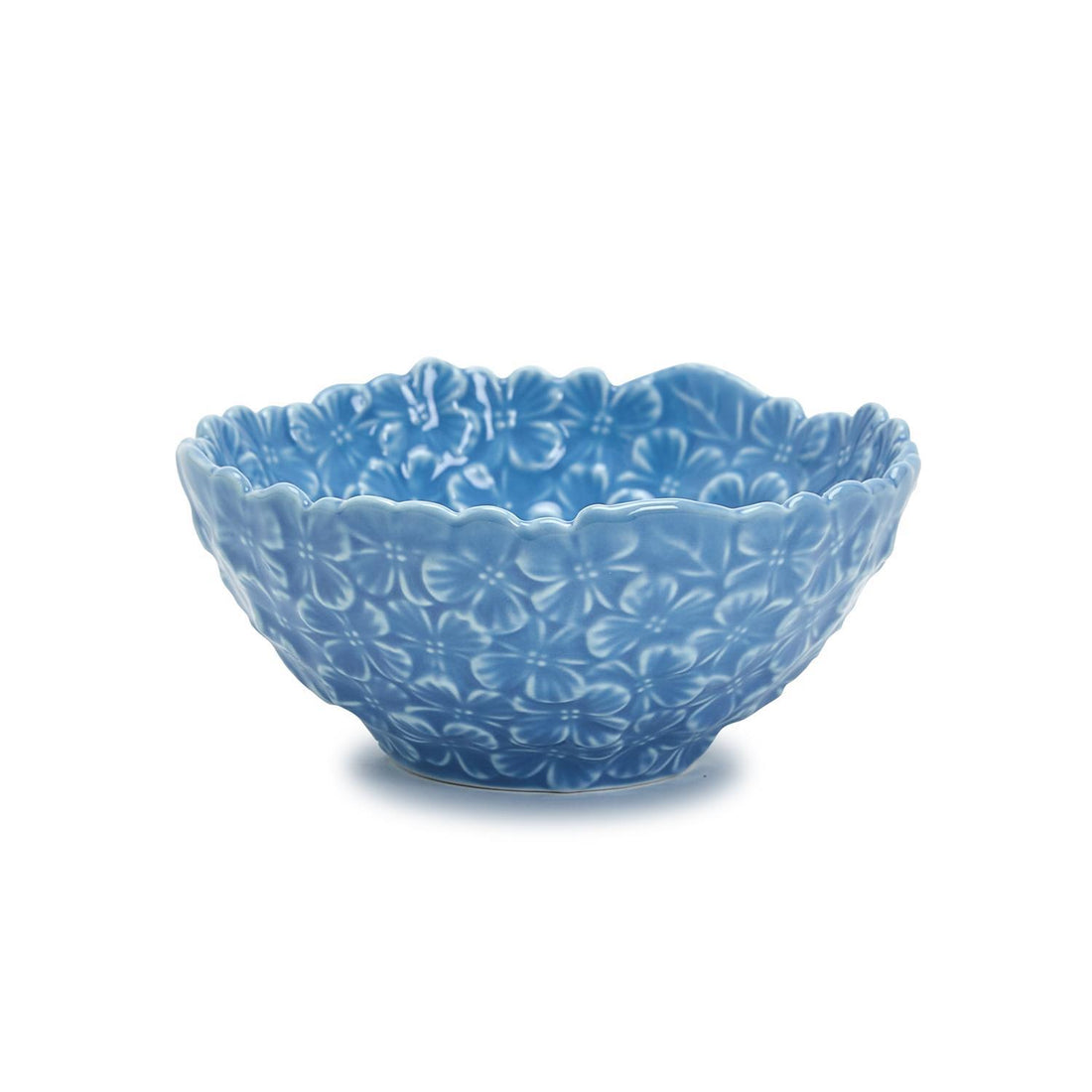 Blue ceramic bowl with a hydrangea pattern on a white background.