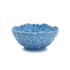 Blue ceramic bowl with a hydrangea pattern on a white background.