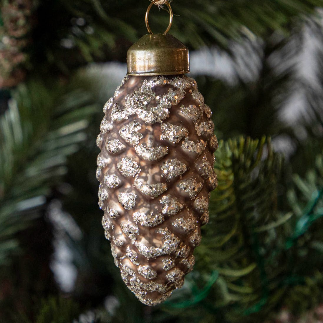 Glass Pinecone Ornament with glitter.