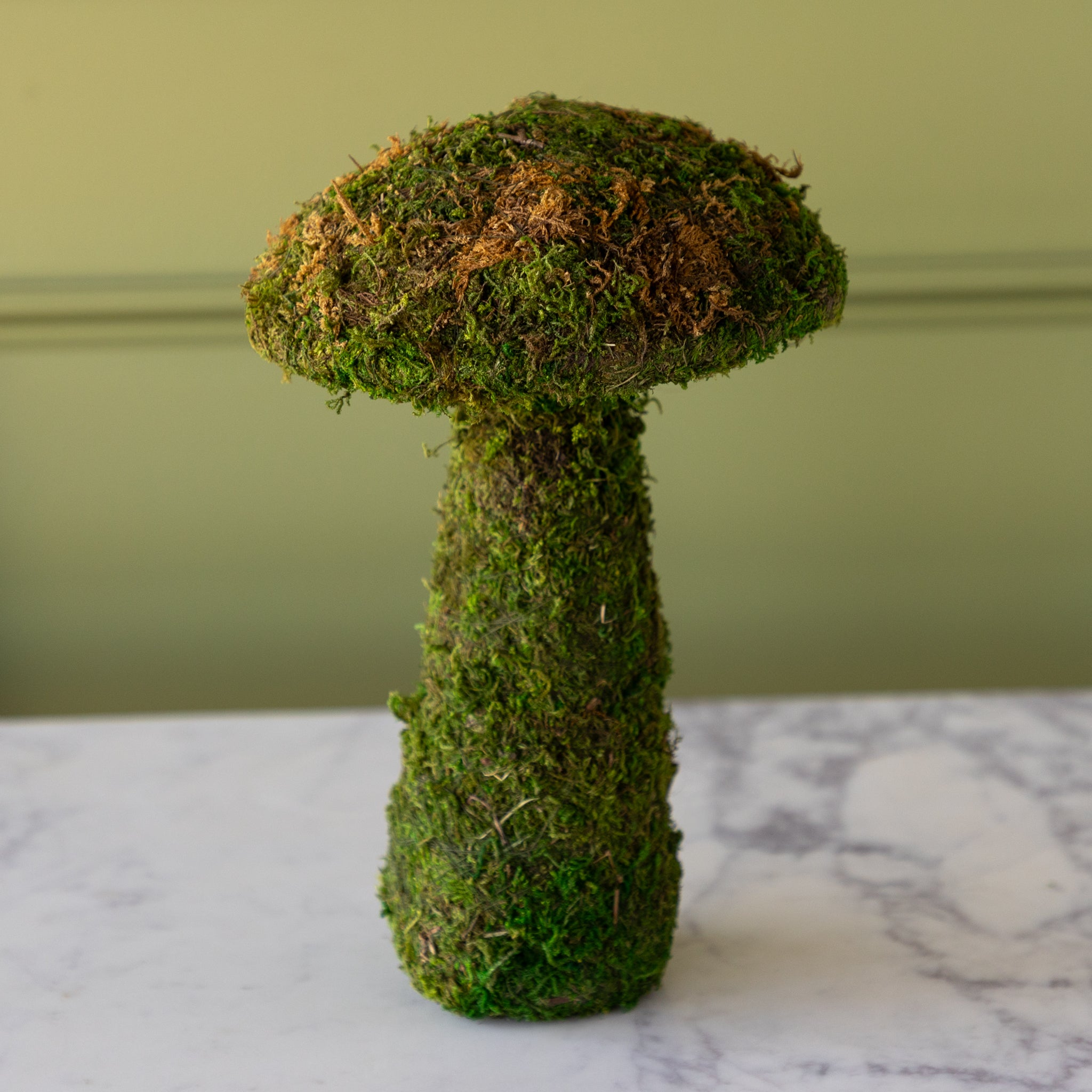 Moss-covered mushroom planter on a marble surface with a green wall background.