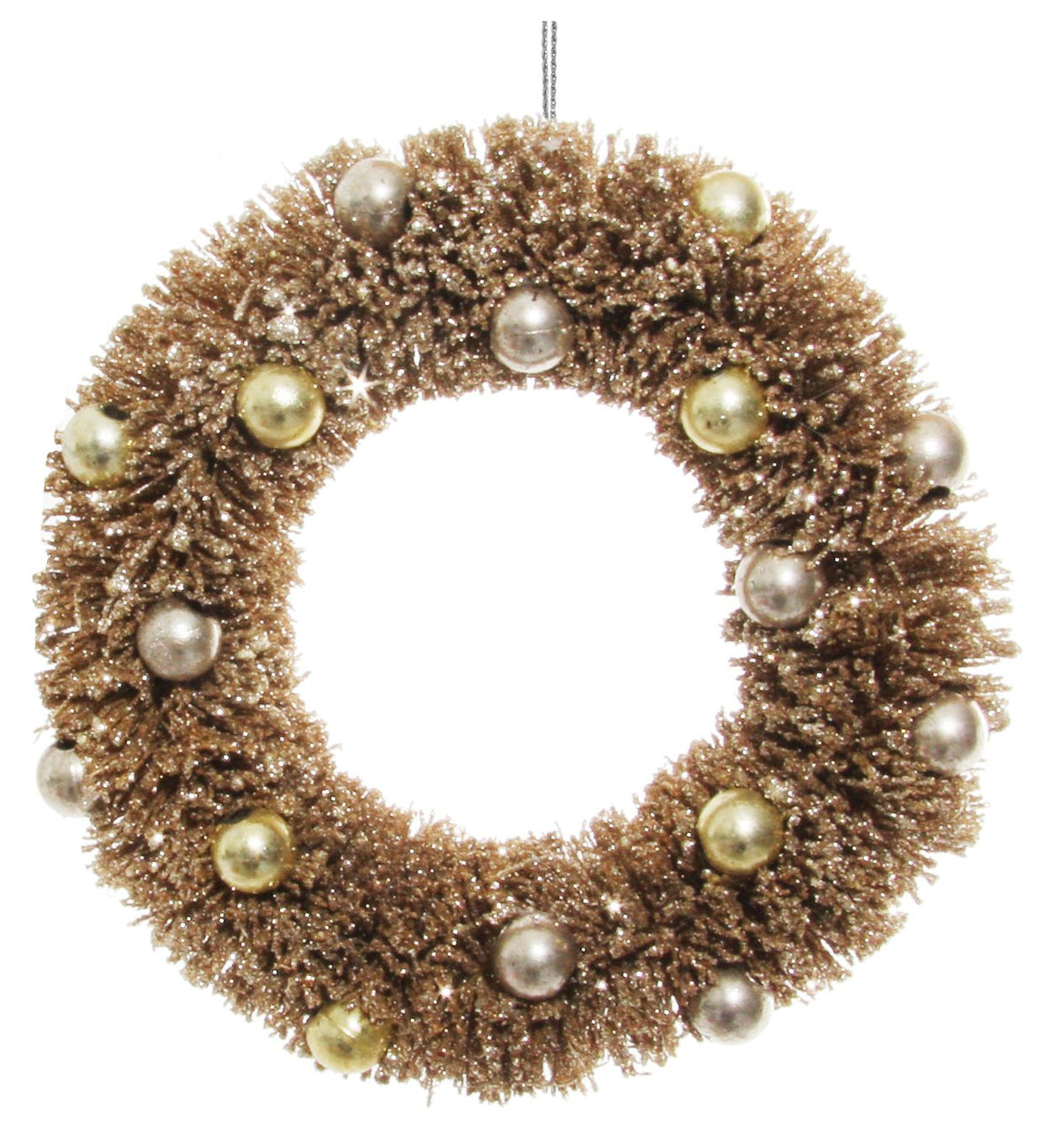 Decorative wreath with gold and silver ornaments on a white background.