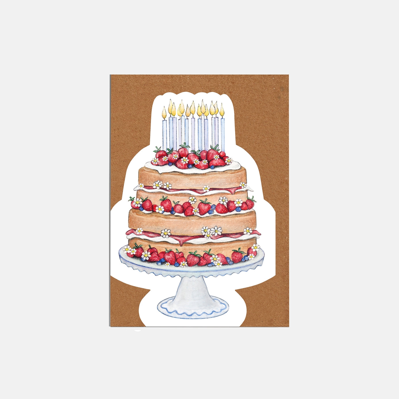 Card with a birthday cake illustration featuring candles and strawberries on a brown border.