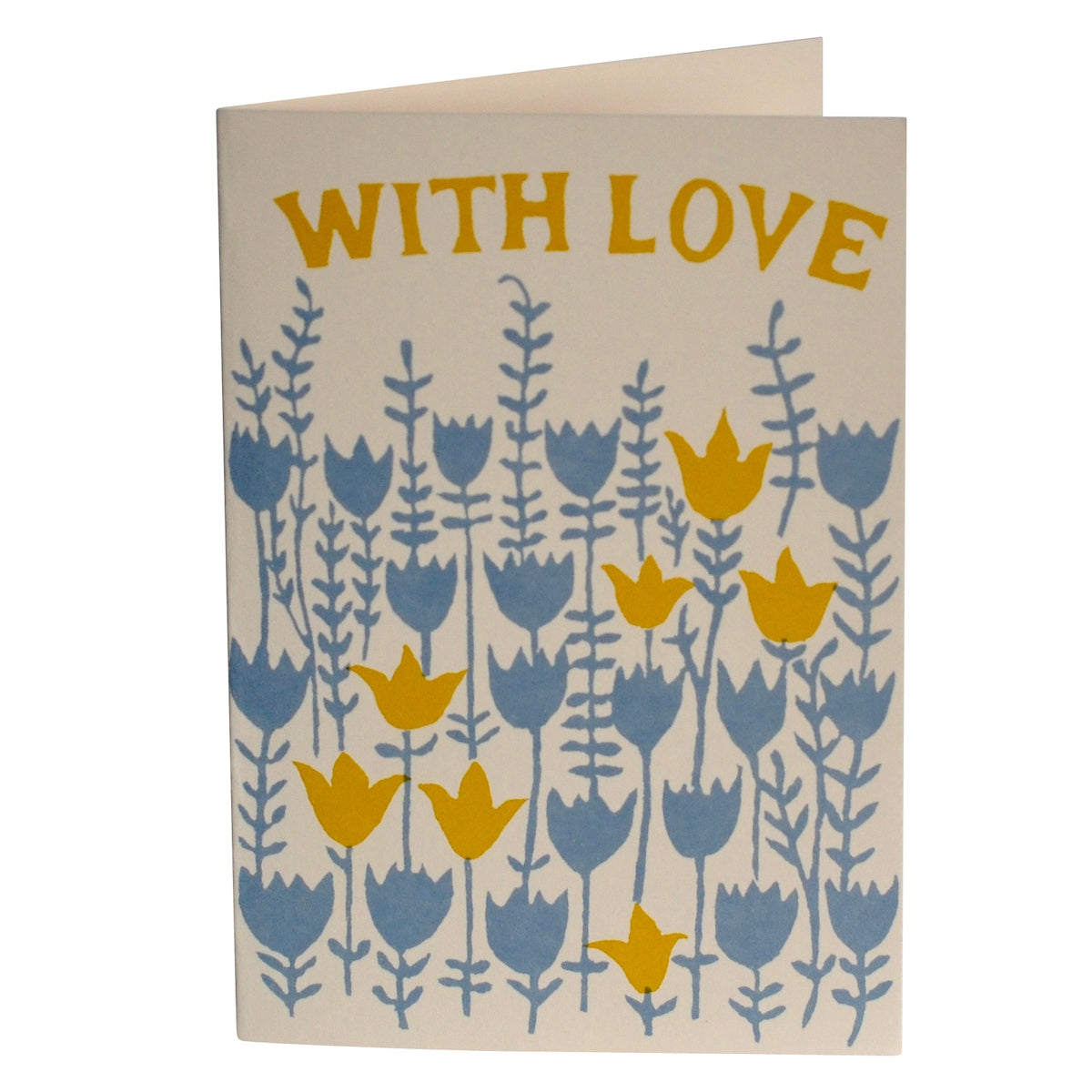 Greeting card with blue and yellow flowers printed on it saying "with love" at the top. 