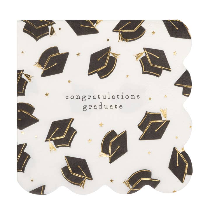 Graduation-themed paper plates with black caps and gold accents on a white background, featuring the text &