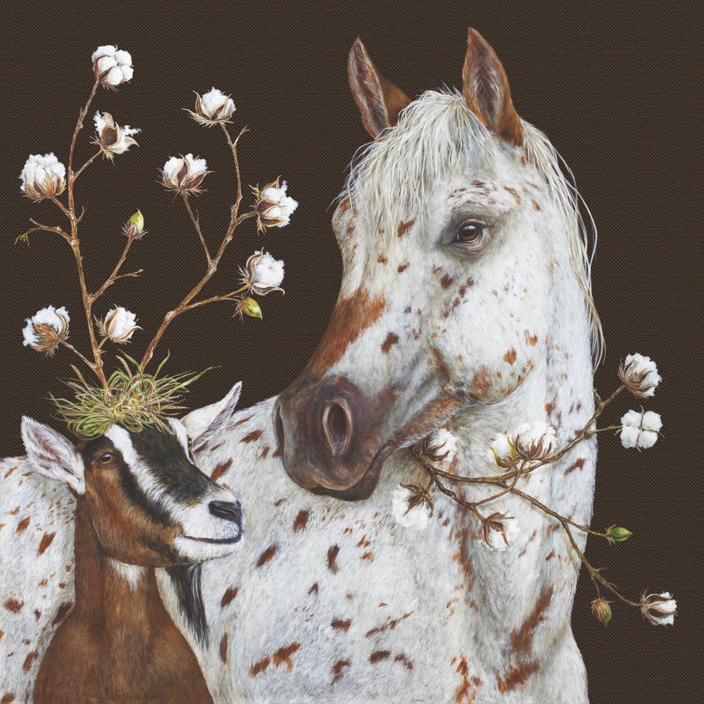 Horse and goat with cotton branches on a dark background.