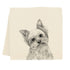 Tea towel with a black and white illustration of a dog on a beige background.