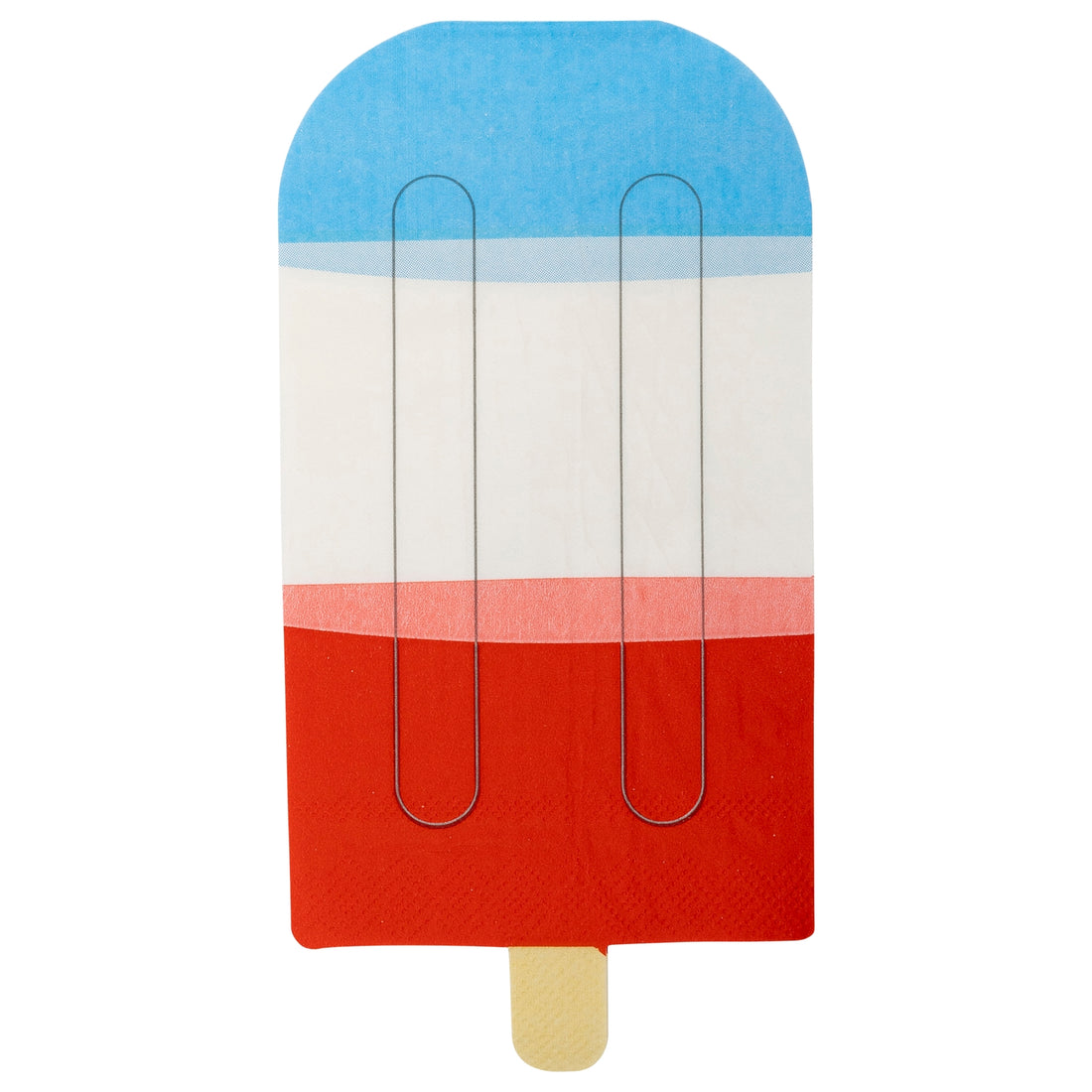 4&quot; x 7 ½&quot;  Red, white &amp; blue ice pop shaped paper napkin on white background.