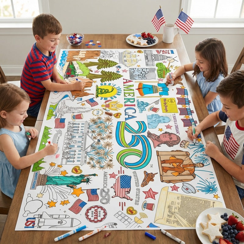 Children coloring a large sheet with American-themed illustrations on a wooden table.