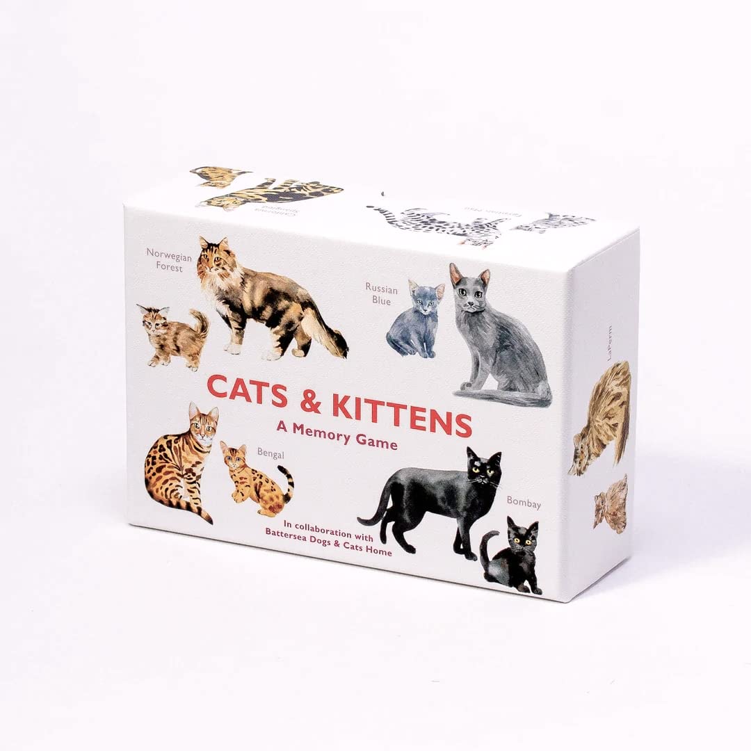 A memory game titled &quot;Cats &amp; Kittens: A Memory Game&quot; featuring illustrations of various cat breeds such as Norwegian Forest, Russian Blue, Bengal, and Bombay. This educational game is designed to enhance memory skills while introducing players.
Brand Name: Chronicle Books