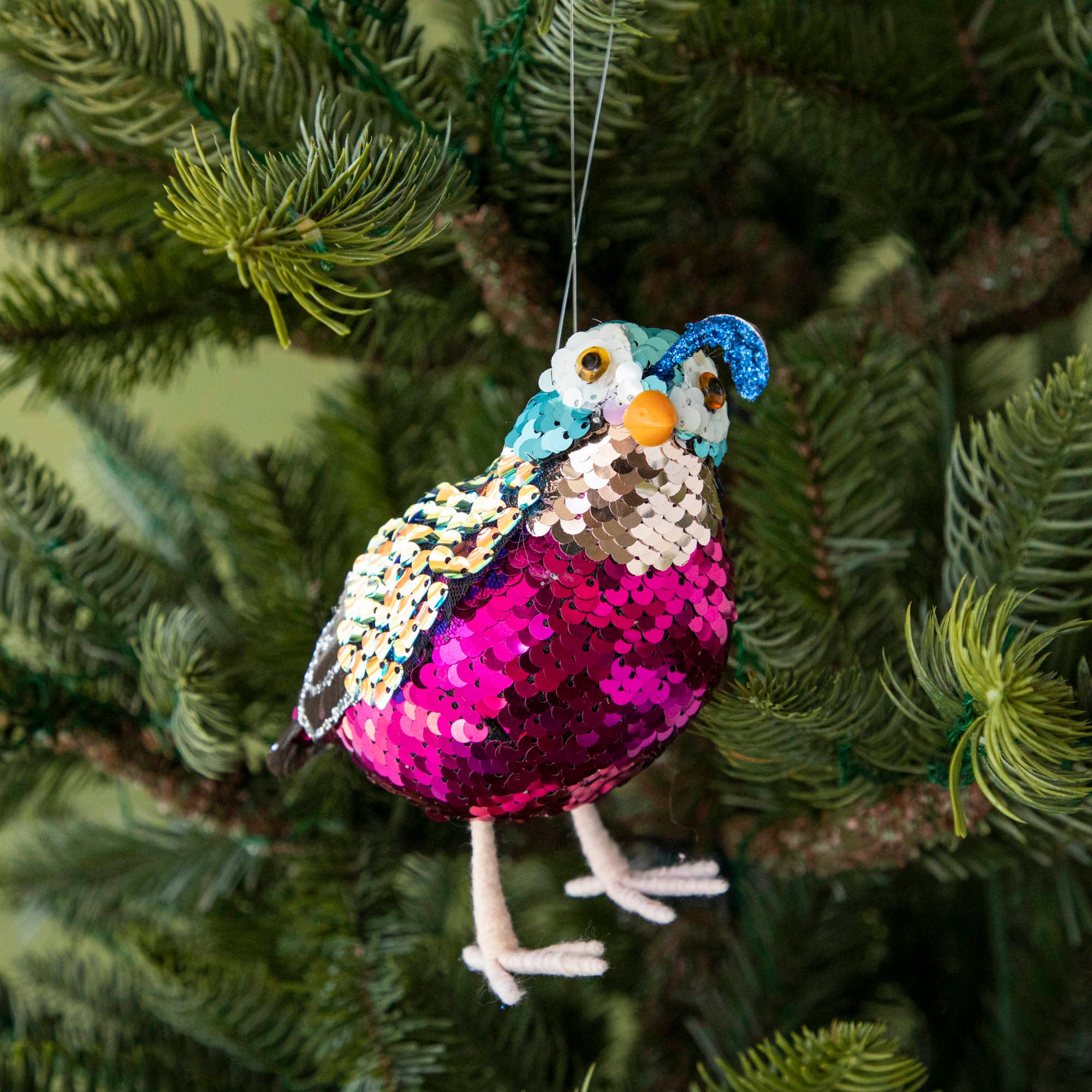 Sequin quail hanging in a tree.