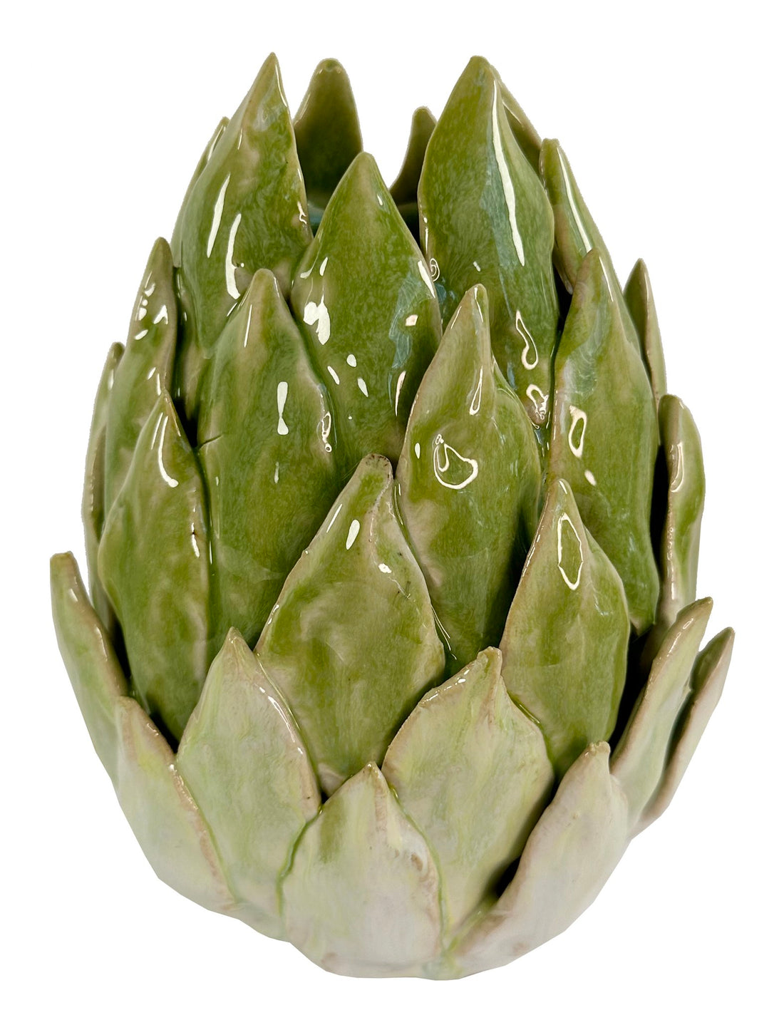 Green ceramic artichoke-shaped vase on a white background.
