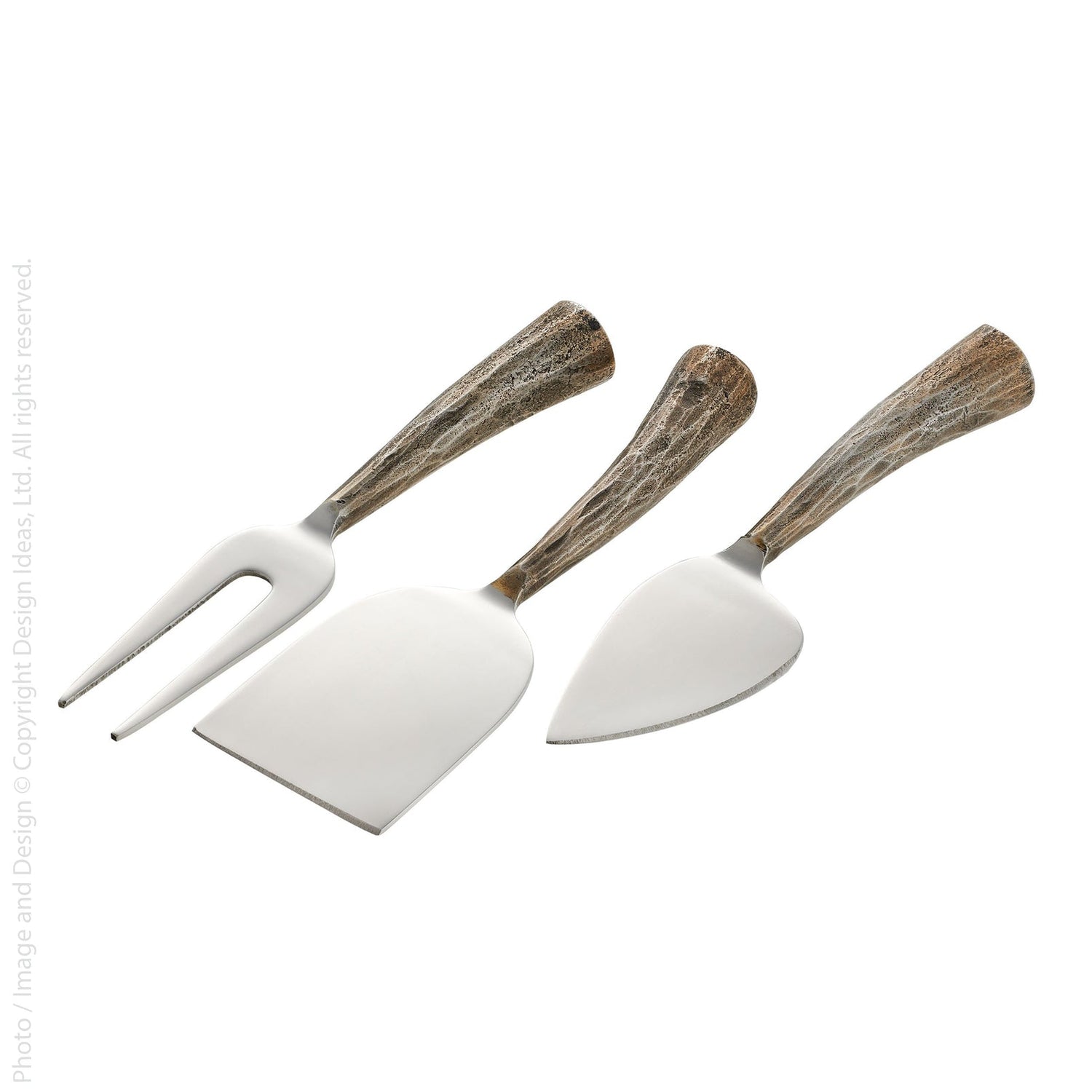 Three cheese knives with white metal blades and textured brown antler handles, arranged diagonally on a white background.