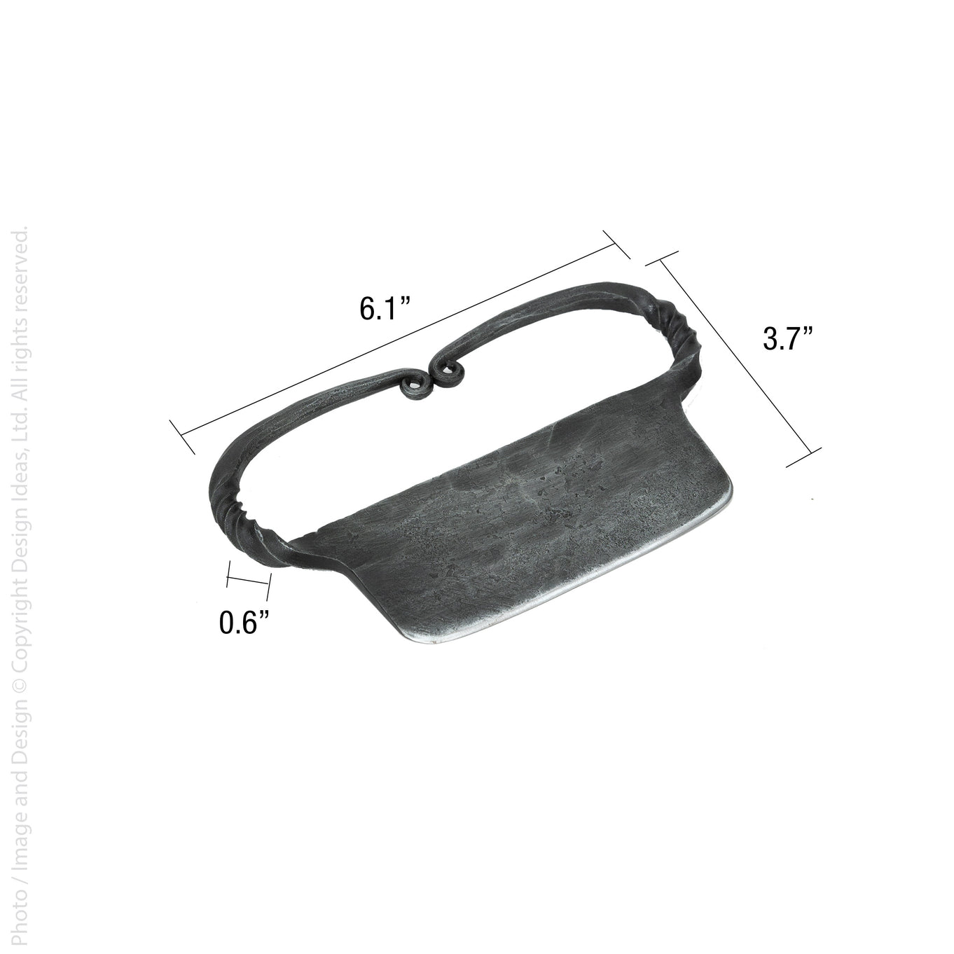 The metal cheese knife on a white background showing the dimensions: 6.1" x 3.7" x .06".