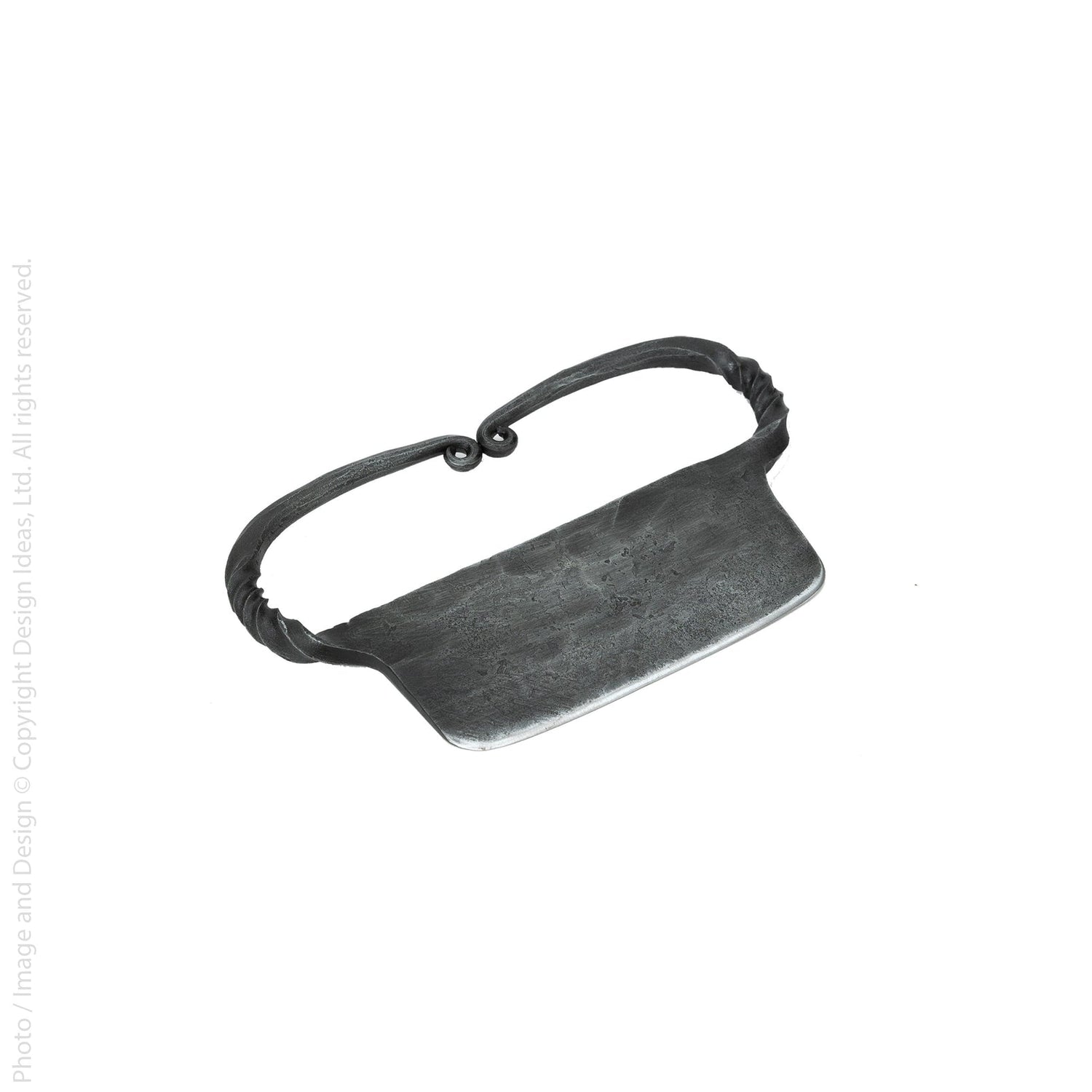 A metal cheese cleaver on a white background
