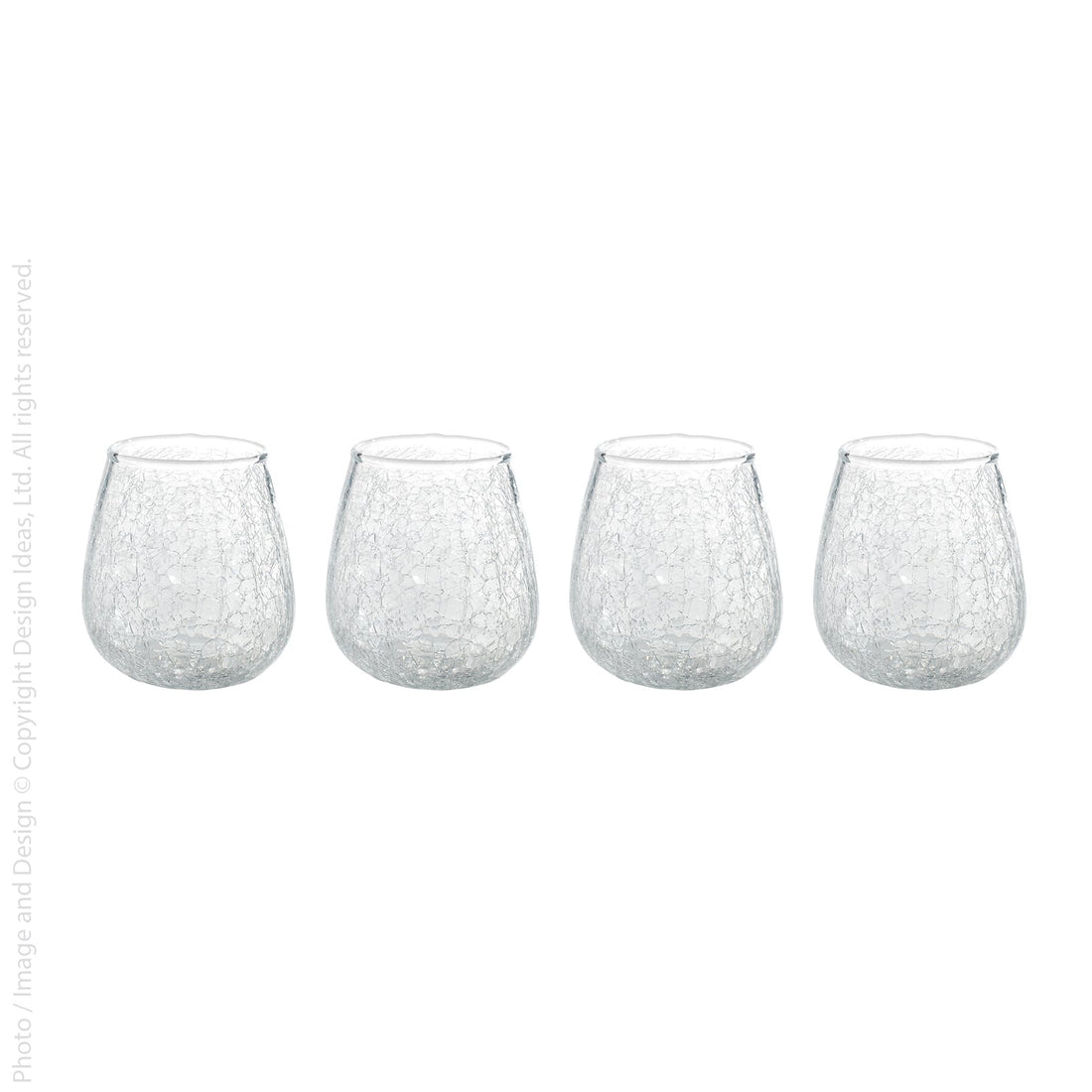Four clear stemless drinking glasses with a textured crackle bubble pattern, arranged in a row on a white background.