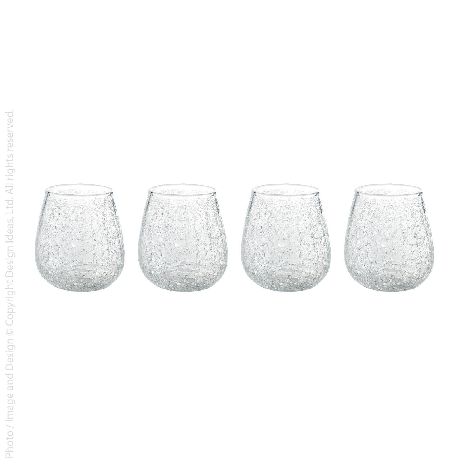 Four clear stemless drinking glasses with a textured crackle bubble pattern, arranged in a row on a white background.