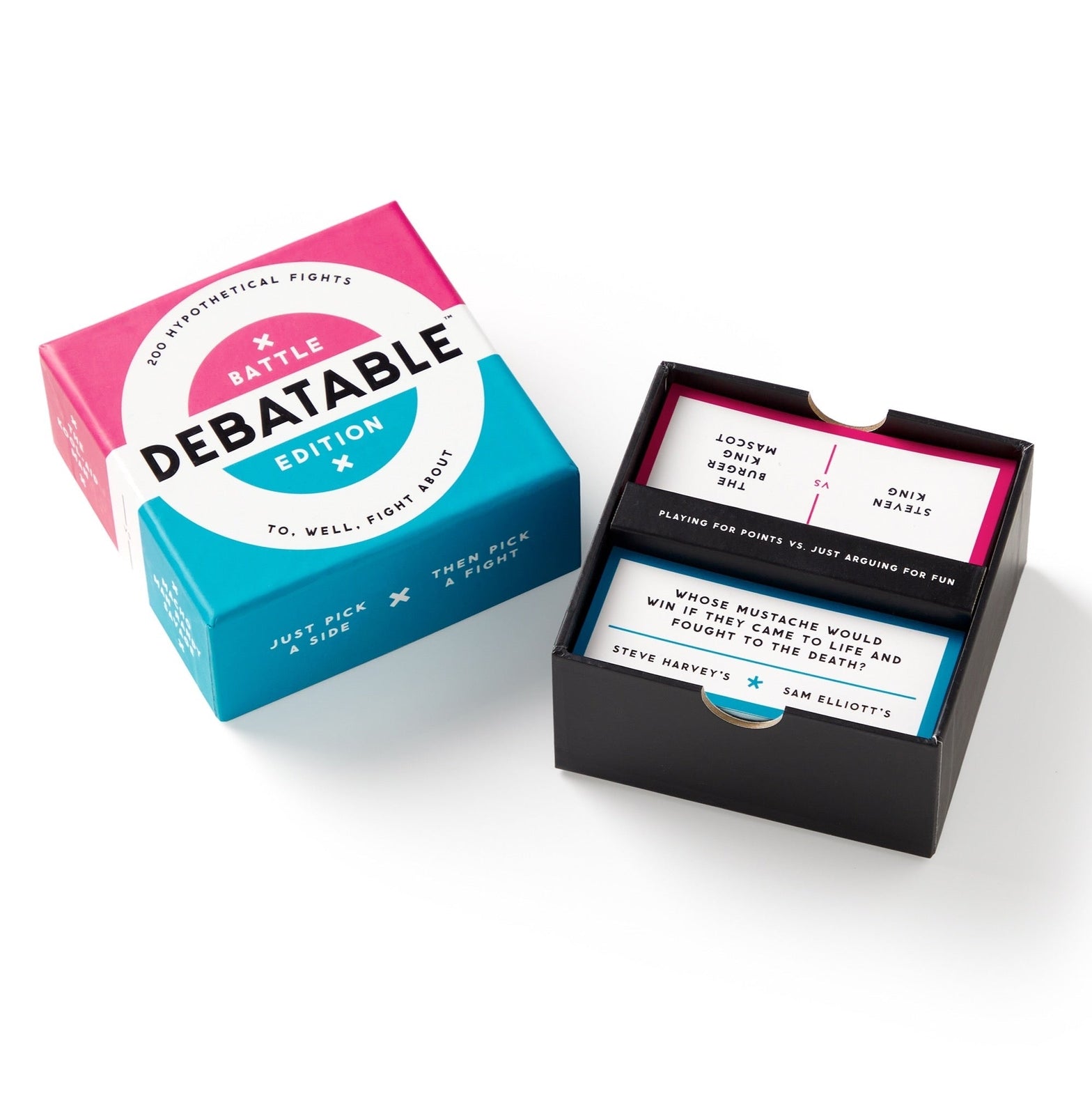 Debatable Edition card game packaging with cards displayed on a white background